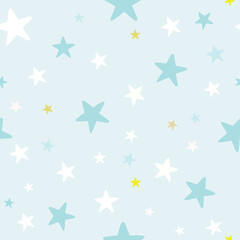 Baby boy nursery seamless pattern with white stars on blue background. Perfect for fabric, textile, nursery decoration, baby shower, Christmas rapping . Surface pattern design.