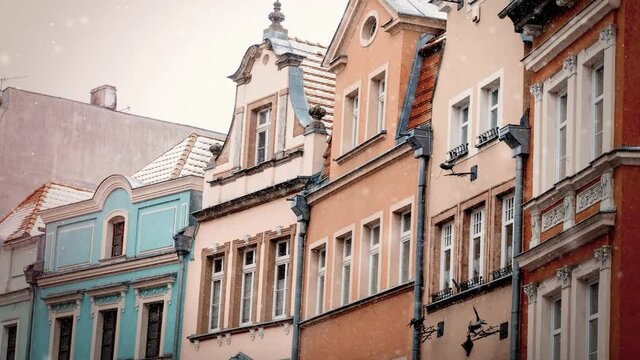 Houses in old European city in a snow