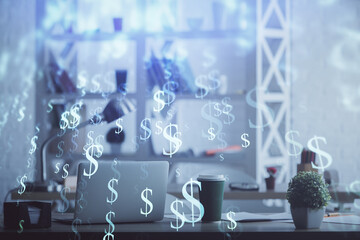 Double exposure of stock market graph drawing and office interior background. Concept of financial analysis.