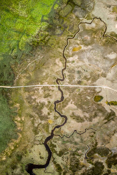 Aerial view of wooden platform bridge crossing swamps, Nin, Croatia.
