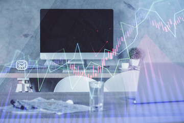 Multi exposure of financial graph drawing and office interior background. Concept of market analysis.