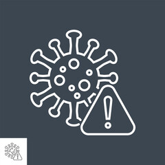 Corona virus danger related vector thin line icon. Coronavirus with warning triangle sign and exclamation mark on it. Isolated on black background. Editable stroke. Vector illustration.