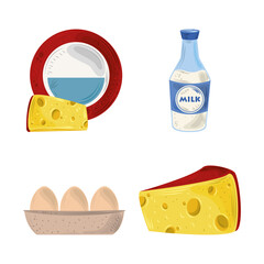 food icons set, slices cheese eggs and milk bottle
