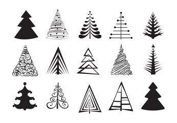 Hand Drawn Christmas Tree Icon Set Isolated on White Background