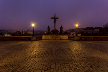 In the morning on Charles Bridge in Prague