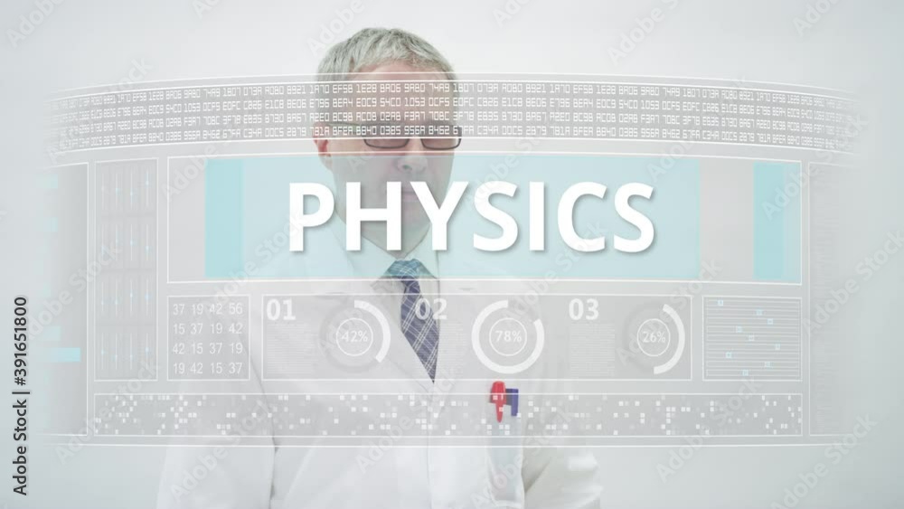 Poster screen with physics text in front of a scientist