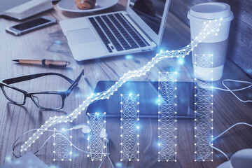 Double exposure of forex chart drawing and cell phone background. Concept of financial trading