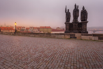 In the morning on Charles Bridge in Prague
