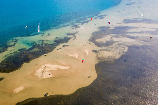 Aerial view of kitesurfing in the Neretva delta estuary, Croatia.