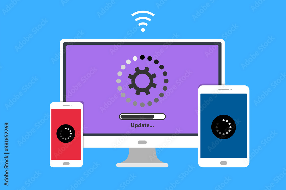 Poster system update illustration. computer, tablet and smartphone with download process. program updating