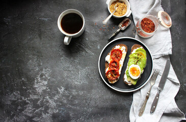 avocado toast. tasty breakfast. Flat lay concept.