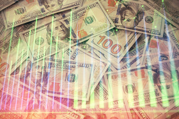 Multi exposure of forex chart drawing over us dollars bill background. Concept of financial success markets.