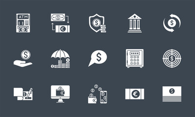 Banking icons set. Related vector glyph icons. Isolated onblack background. Vector illustration.