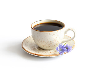 Drink with chicory and blue chicory flower isolated on a white background. Natural coffee substitute. Healthy beverage.