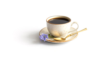 Chicory drink, blue chicory flowers and a spoon isolated on a white background. Healthy coffee substitute. Copy space.