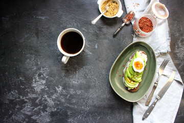 avocado toast. tasty breakfast. Flat lay concept.