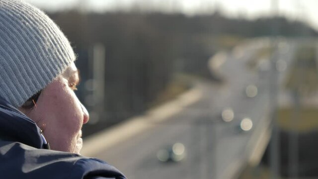 A lady looking far away thinking in Vantaa Finland.4K