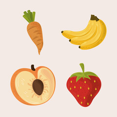 food fruits vegetable include strawberry banana carrot and peach icons