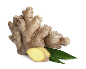 Whole and cut fresh ginger with leaves isolated on white