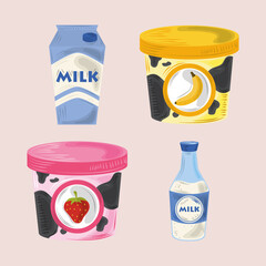 food icons set, yogurt strawberry and banana yogurt, milk bottle