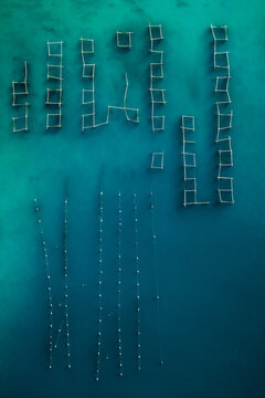 Aerial view of Oyster farm in the bay of Ston, Croatia.