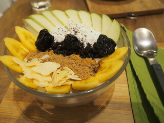 Healthy fruit bowl at the stylish cafe, The food viewed from above, El Nido, Palawan, Philippines