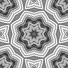 Seamless pattern with floral and mandala elements. Black and white decorative doodle background.
