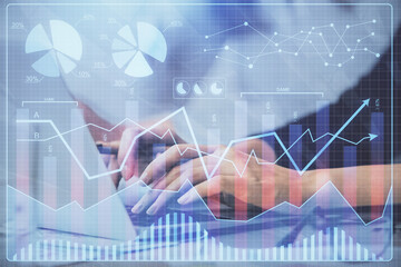 Multi exposure of woman hands typing on computer and financial graph hologram drawing. Stock market analysis concept.