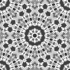 Seamless pattern with floral and mandala elements. Black and white decorative doodle background.