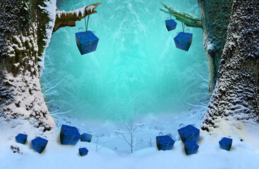 Blue gift boxes for New Year hanging on the trees in snowy winter fairytale forest