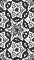 Seamless pattern with floral and mandala elements. Black and white decorative doodle background.
