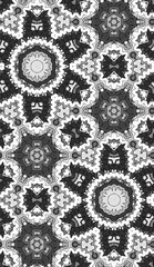 Seamless pattern with floral and mandala elements. Black and white decorative doodle background.