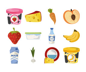 food icons set, fruits carrot cheese yogurt and garlic ingredient and products