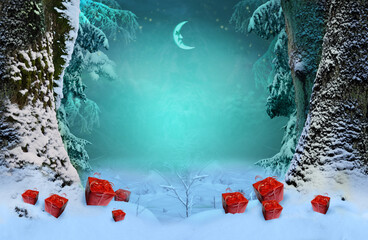 Fairytale winter night with crescent moon face and lot of red gift boxes under snowy trees
