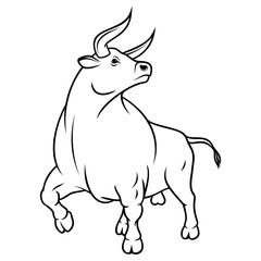 Bull is standing with a raised leg and a turned head with horns. Taurus ox zodiac symbol for new year 2021 design. Vector hand-drawn illustration of farm animal from outlined black contoured lines.