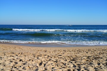 View of the beach in Belmar, New Jersey, along the long Jersey Shore beach on the Atlantic Ocean