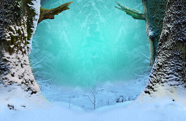 Winter fantasy forest landscape symmetrically framed by old snowy trees with broken branches