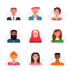 Vector flat collection of multicultural human faces isolated. Modern stylish portraits of online users. Female and male avatars of people of different races, age and religion. Social networks icons