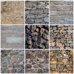 Set of stone wall textures. Old weathered rough masonry surfaces. Backgrounds collection for design.