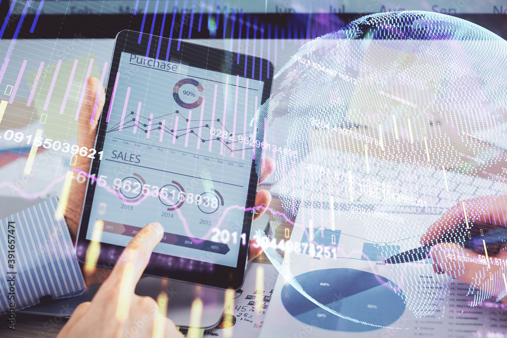 Poster multi exposure of man's hands holding and using a phone and financial chart drawing. market analysis
