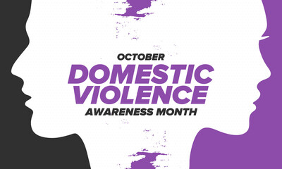 Domestic Violence Awareness Month in October. Celebrate annual in United States. Awareness purple ribbon. Day of Unity. Prevention campaign. Stop women abuse. Poster, banner and background. Vector