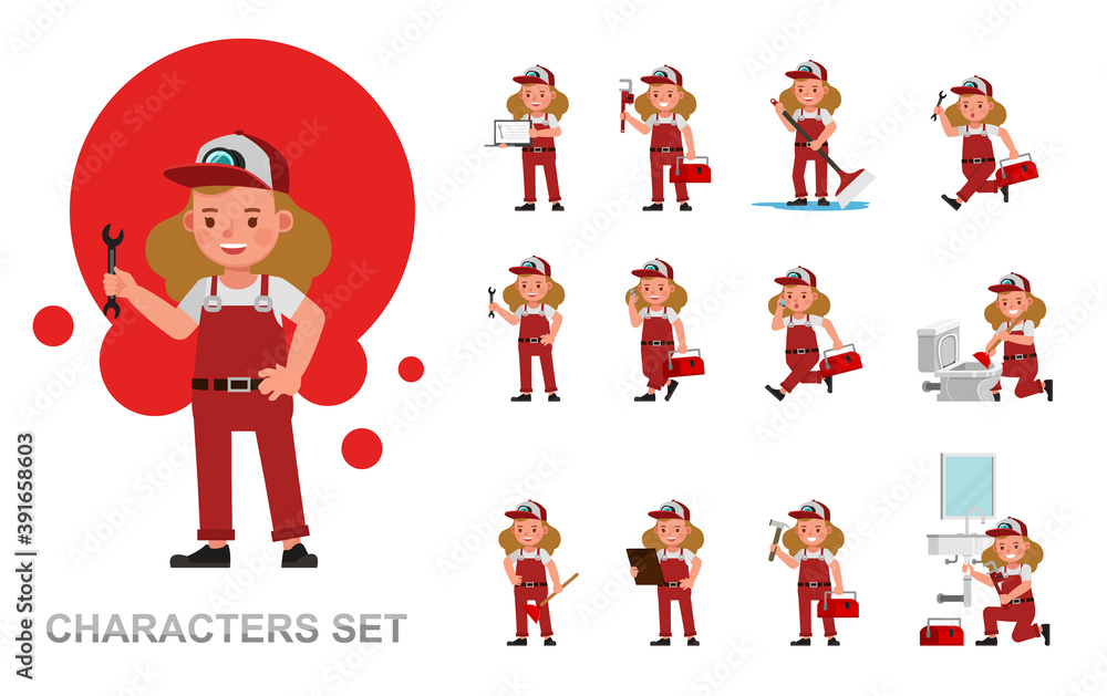 Poster set of plumber girl kid people working character vector design. presentation in various action with 