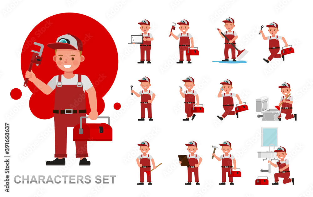 Poster set of plumber kid boy character vector design. presentation in various action with emotions, runnin