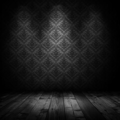 dark interior room with baroque wallpaper