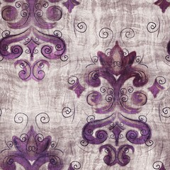 Luxury purple and tan damask seamless pattern. High quality illustration. Mysterious and luxurious grape and beige colored ornamental textured pattern swatch. Fancy and glamorous romantic design.