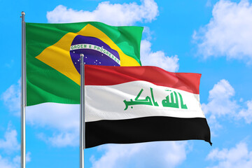 Ireland and Brazil national flag waving in the windy deep blue sky. Diplomacy and international relations concept.