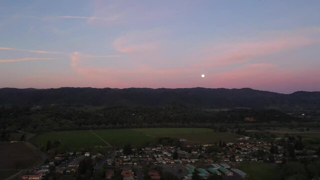 Sunset over the City of Ukiah California Drone Scenic View