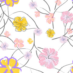 Pink Flowers Blooming Pattern. Pastel Watercolor.