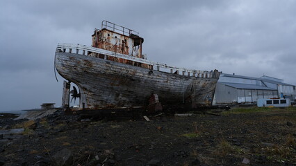 Shipwreck decaying in Akranes (Iceland).