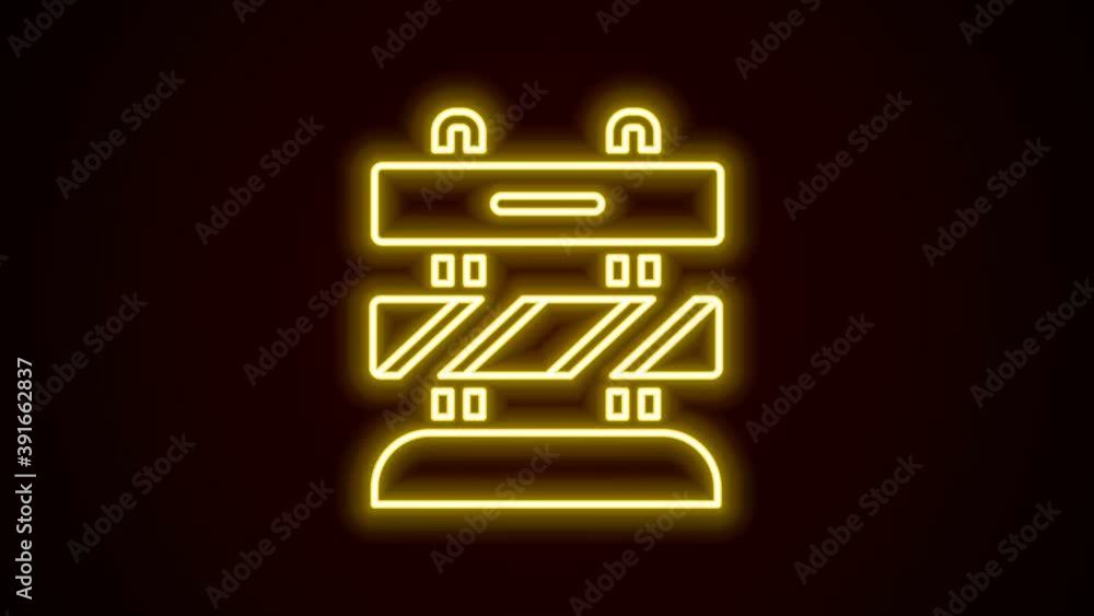 Poster glowing neon line end of railway tracks icon isolated on black background. stop sign. railroad buffe